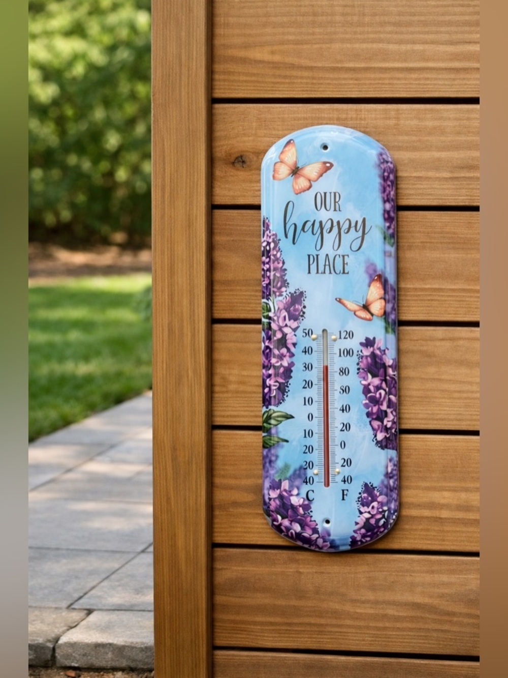 Floral blue and purple Indoor/Outdoor Thermometer with butterflies